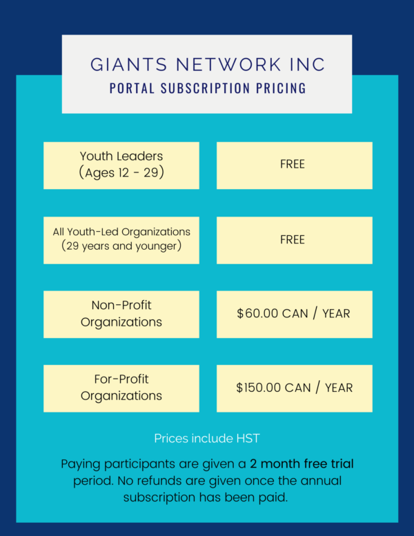 Pricing - free for Youth Leaders (Ages 12-29) and all youth-led organizations (29 and younger), $60 CAD/year for non-profit organizations, and $150CAD/yr for for-profit organizations
